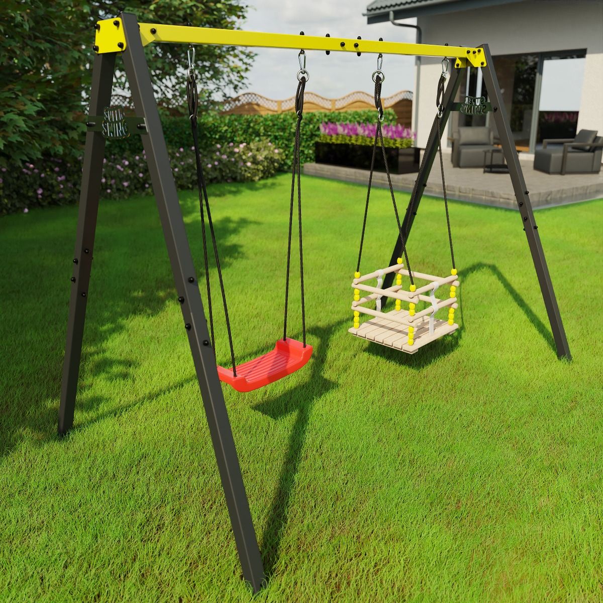 Dubbele schommel tuin met plank- en tralieschommel