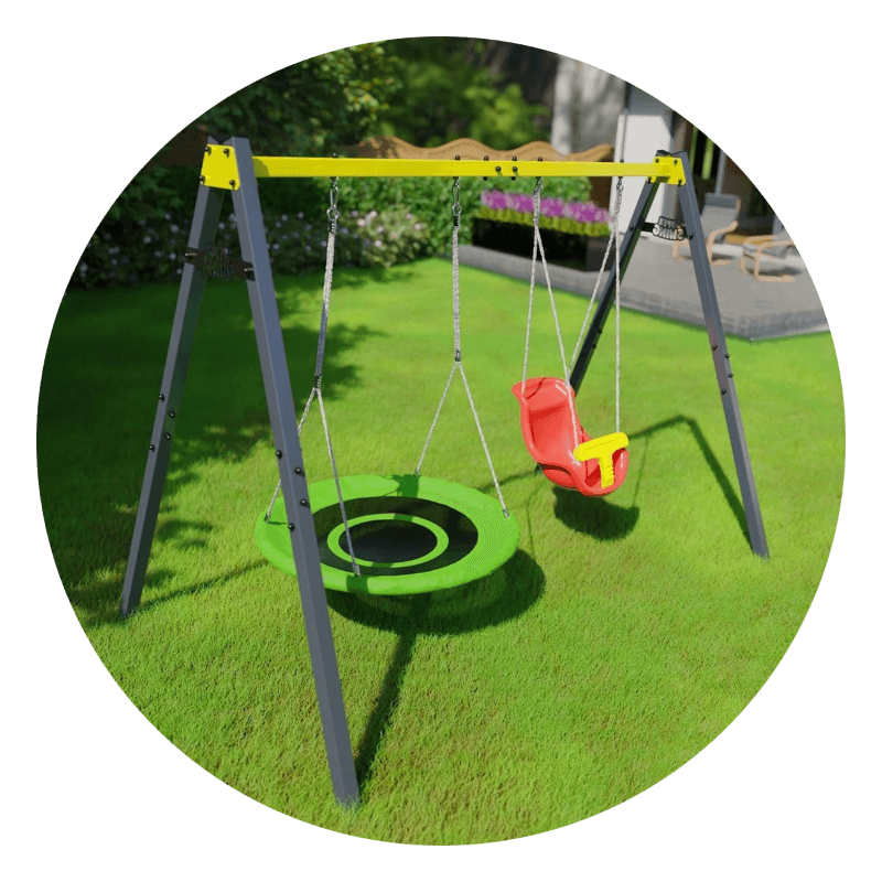 COSTWAY Dubbele schommel met frame, outdoor schommel voor kinderen, schommelframe met kinderschommel en nestschommel, schommelframe tot 300 kg belastbaar (2 schommels met frame